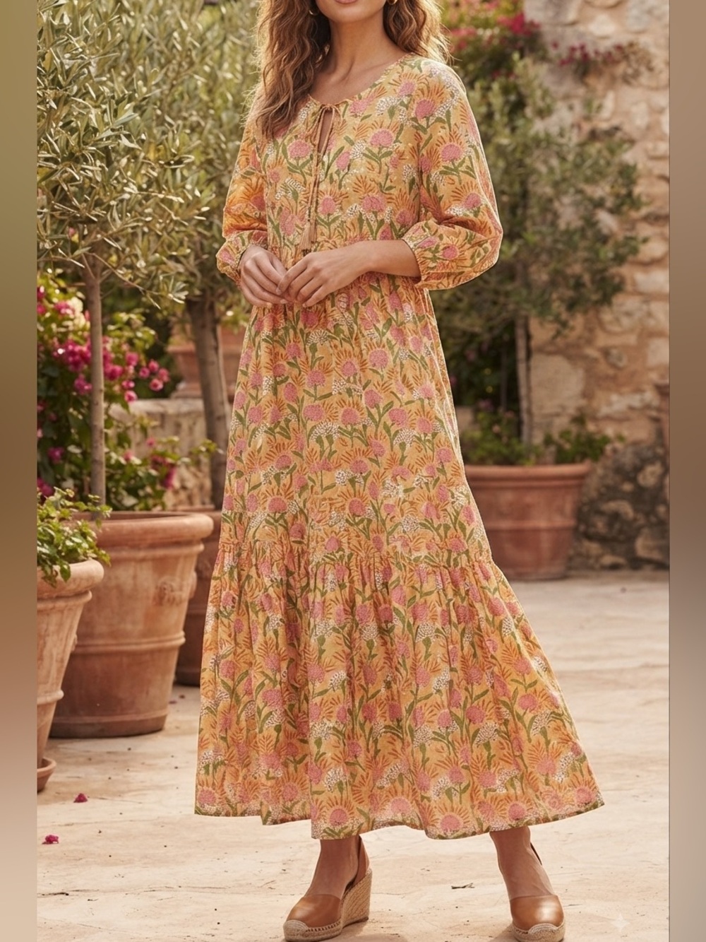 SUNSHINE TIENDA Hand Block Print Tassel Tie Tiered Ruffle Maxi Dress Yellow M❤️
